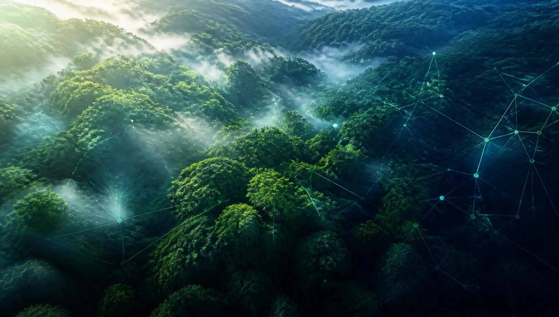 Vista aérea de floresta com conexões digitais representando tecnologia e sustentabilidade